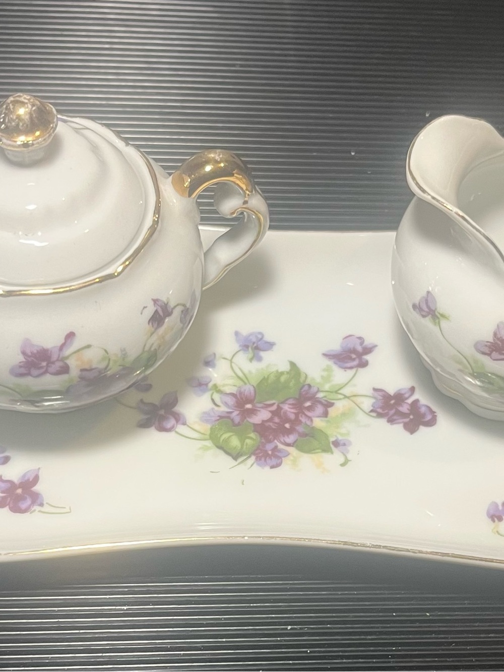 Porcelain Sugar Bowl & Creamer Set with Purple Floral Design and Gold Trim